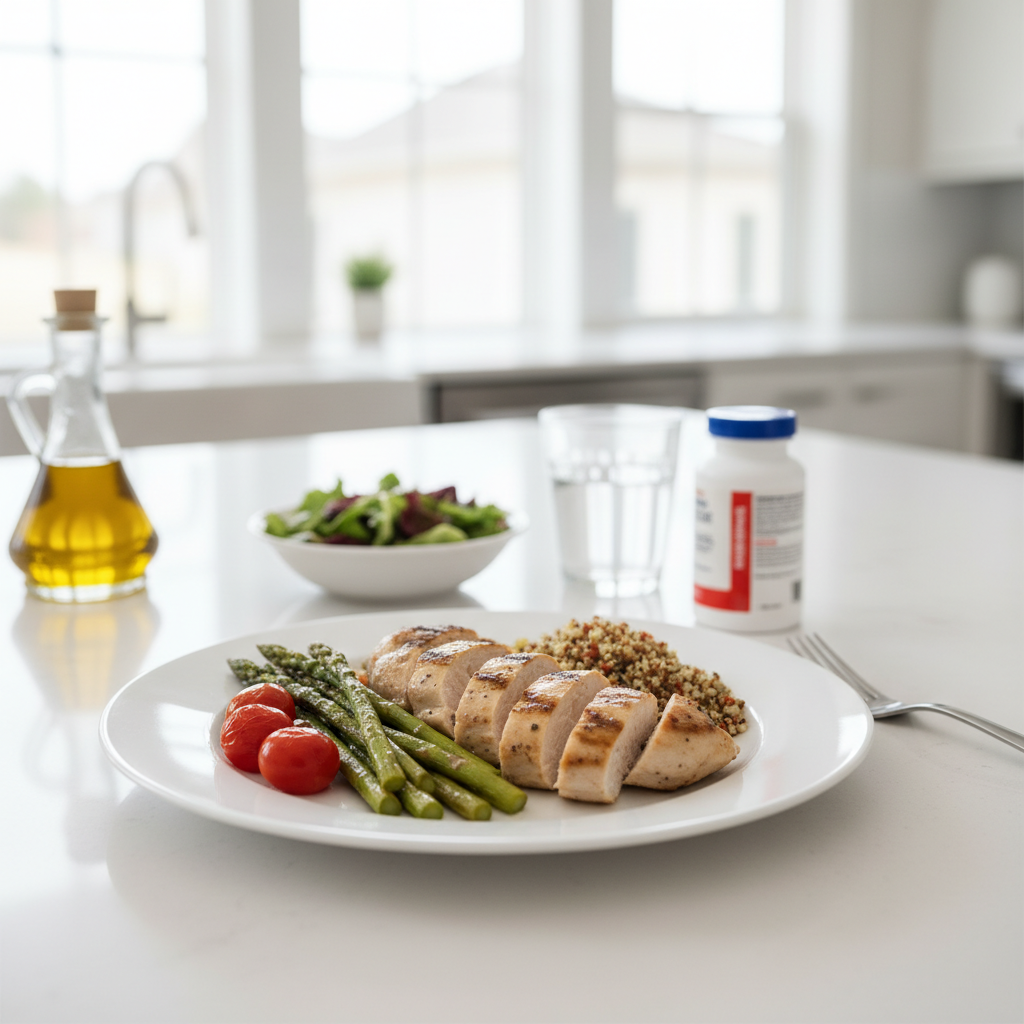 Orlistat pastillas para adelgazar en cocina con comida saludable