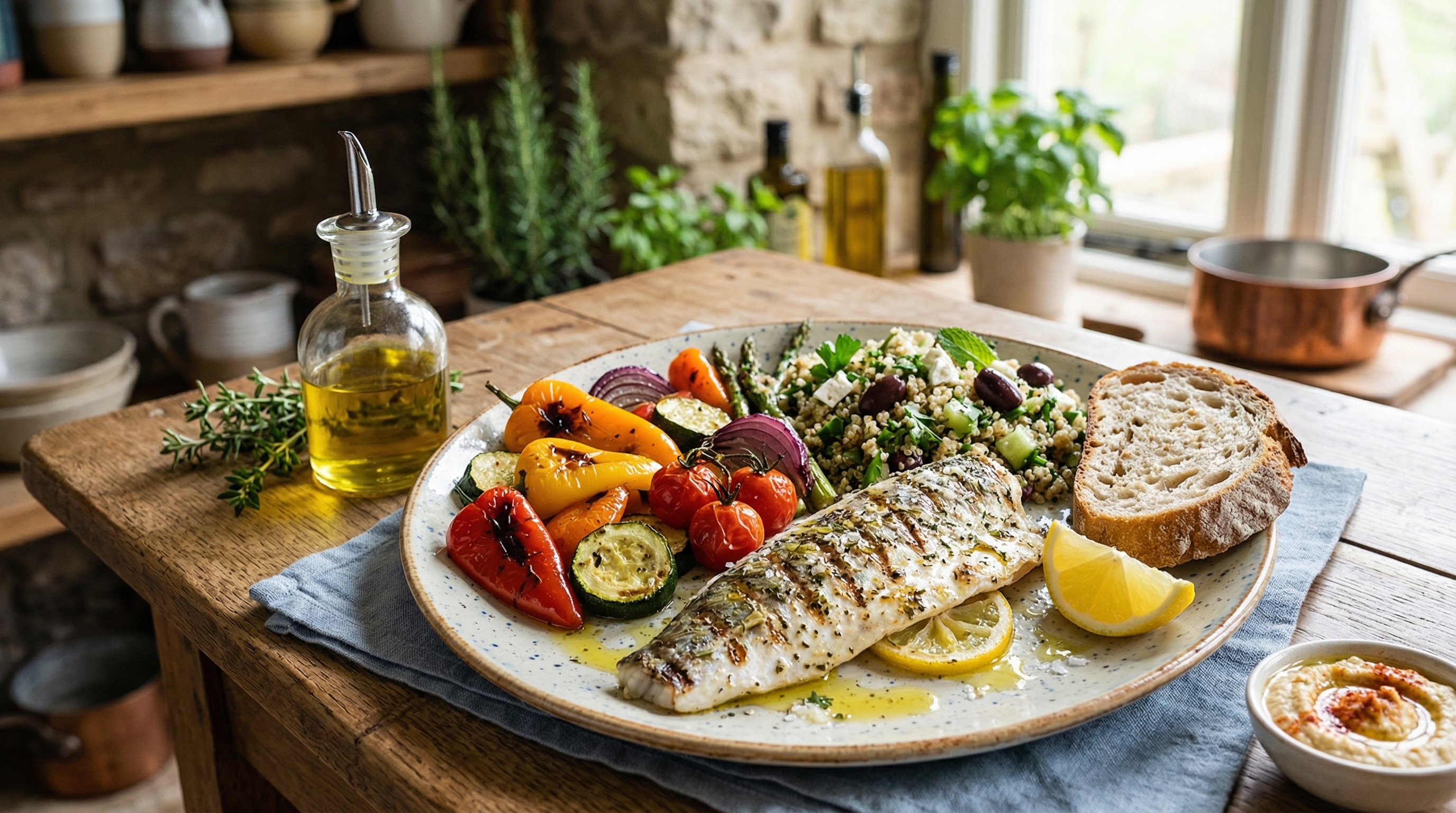 Plato mediterráneo saludable con verduras y pescado para adelgazar sin pasar hambre