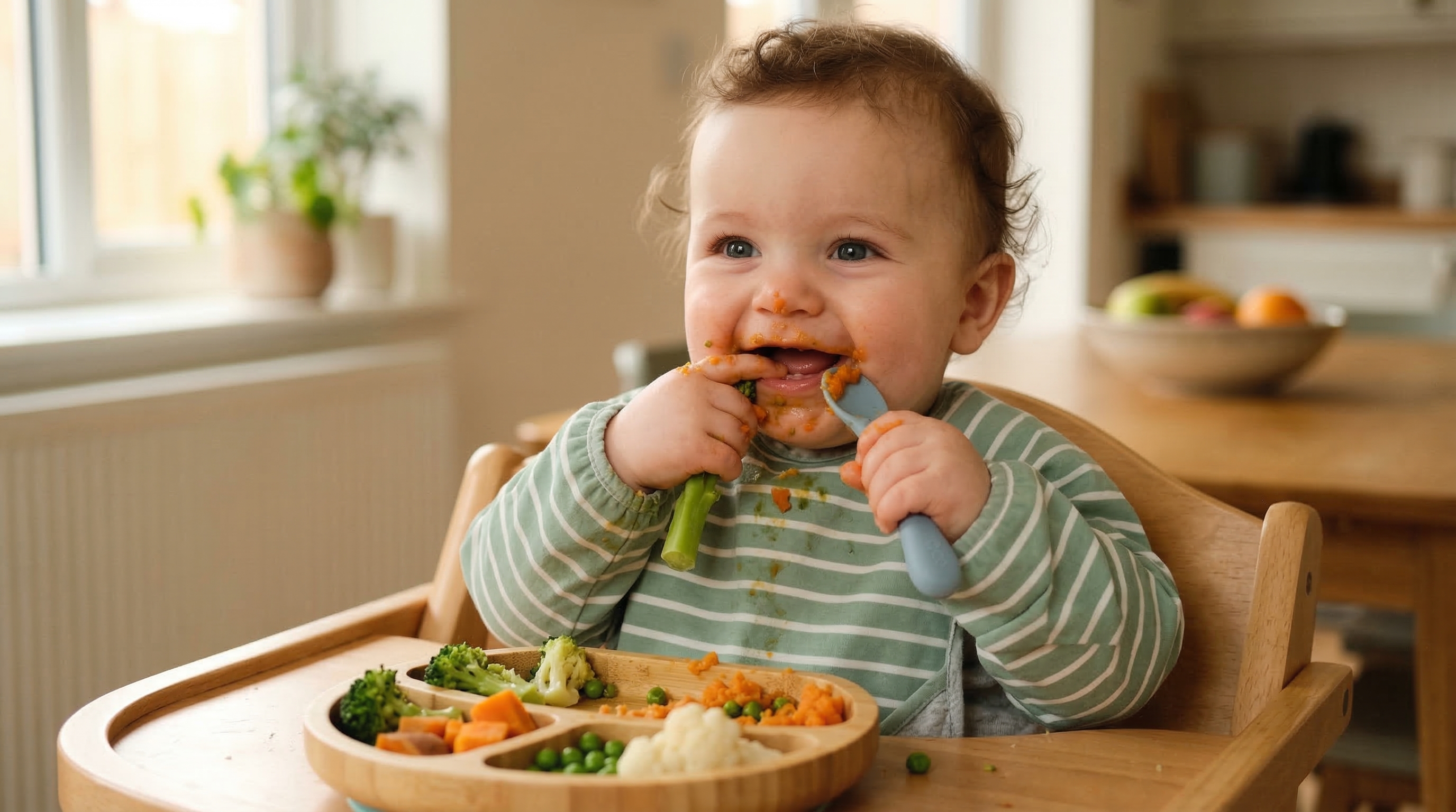 Bebé comiendo verduras, alimentación complementaria BLW