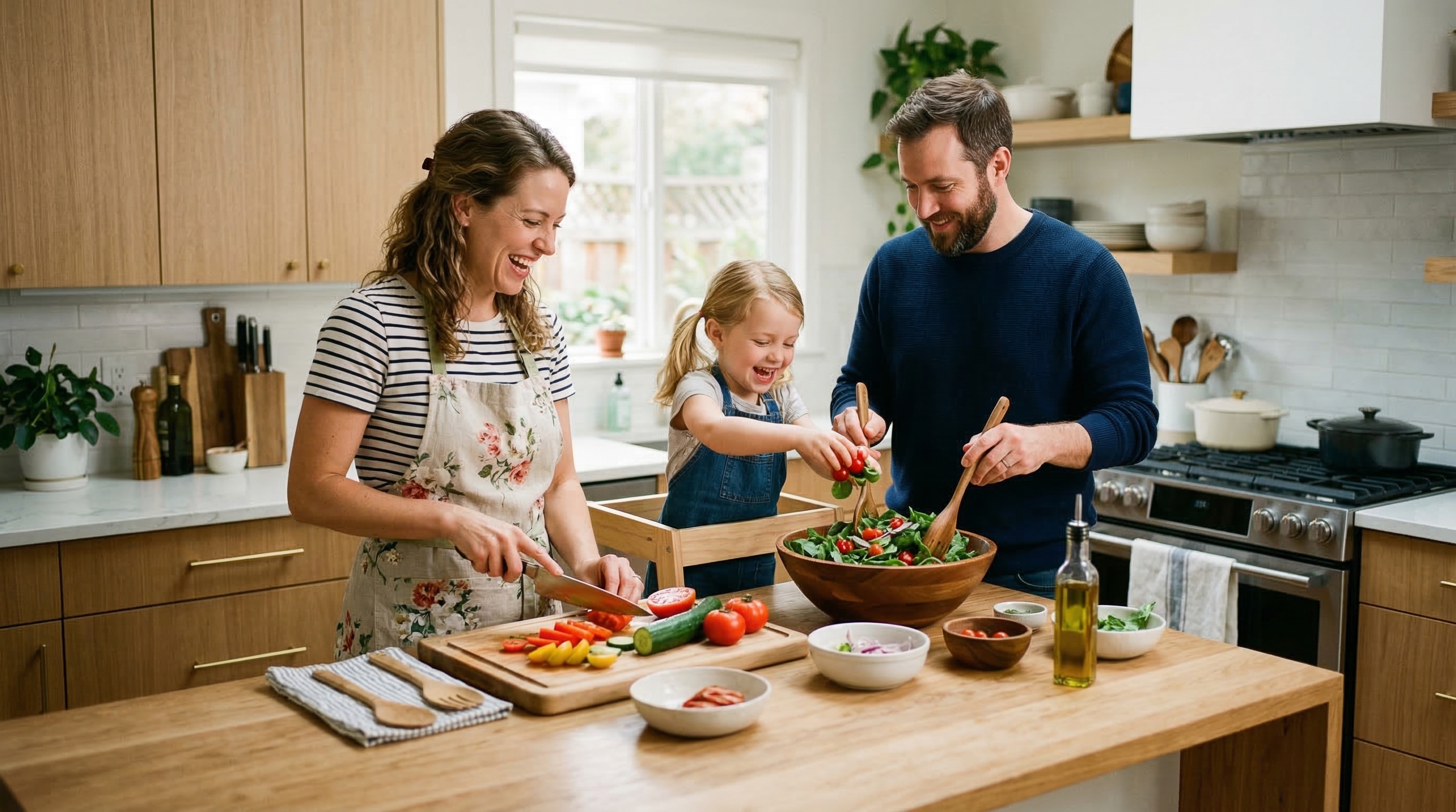 Familia cocinando junta: madre, padre e hijo preparando una ensalada